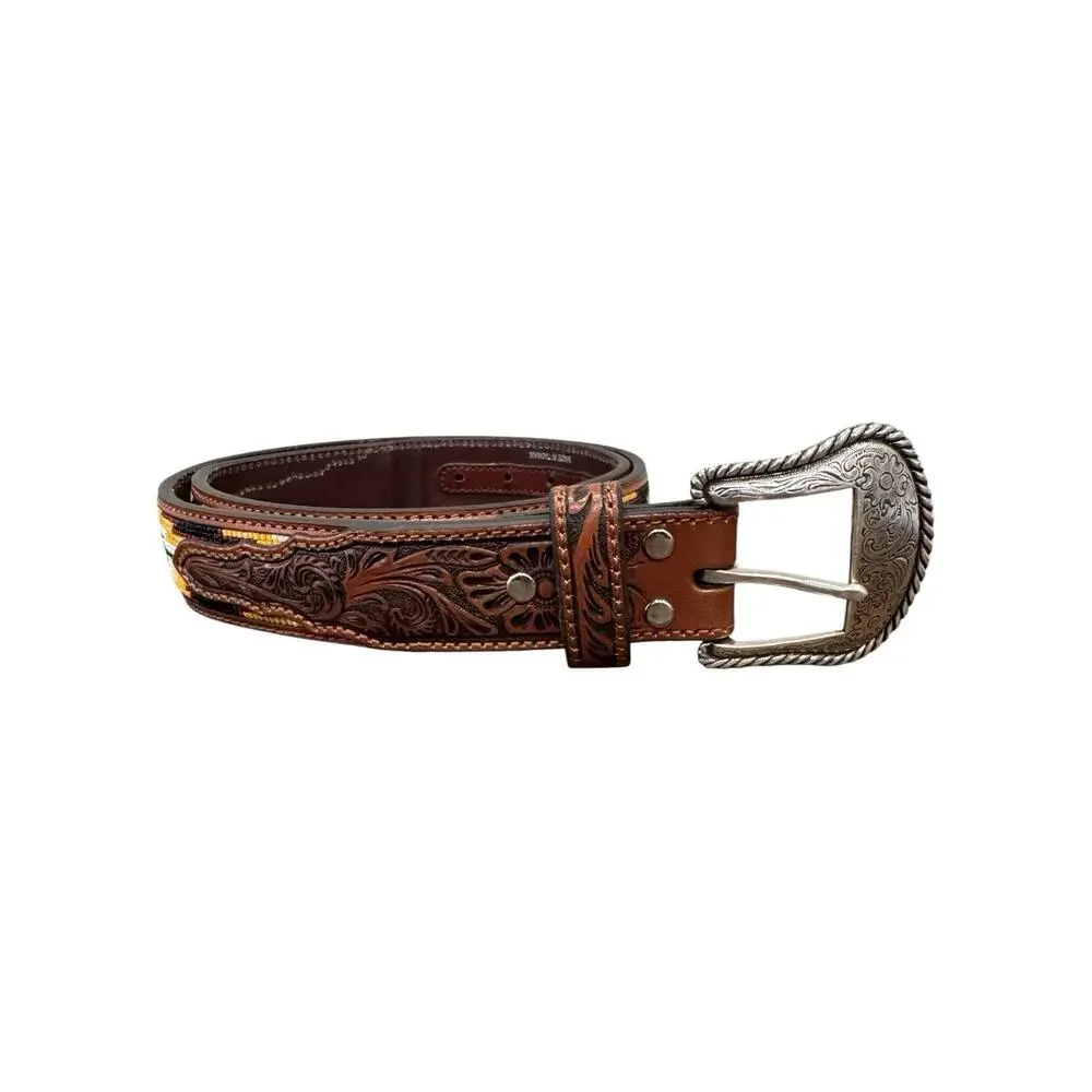 Nocona Beaded Western Leather Belt Tooled Floral Silver Buckle Size 38 N2499308